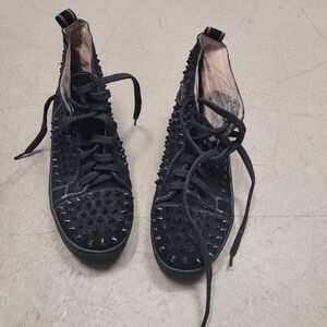 Christian Louboutin Spike Accent Suede Sneaker Calf Stud Studded Black
